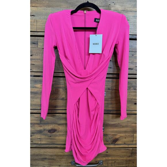 Nookie Dress Womens Small Neon Pink Envy Mini Long Sleeve Ruched Party Australia - Picture 1 of 10